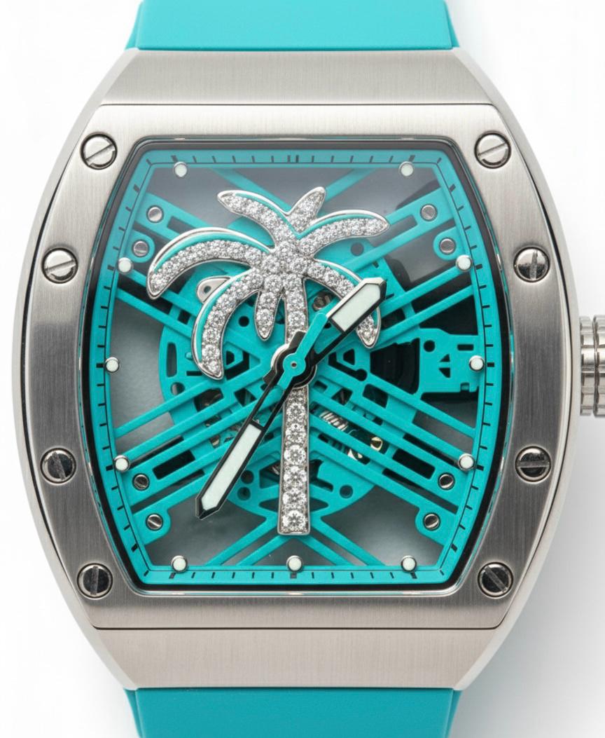 Luxury Tropical Palm Diamond Watch – Aqua Blue Edition