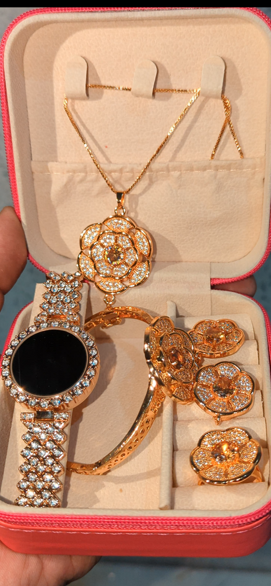 Luxury Golden Flower Jewelry Set with Crystal Watch – 4 Piece Women’s Gift Set